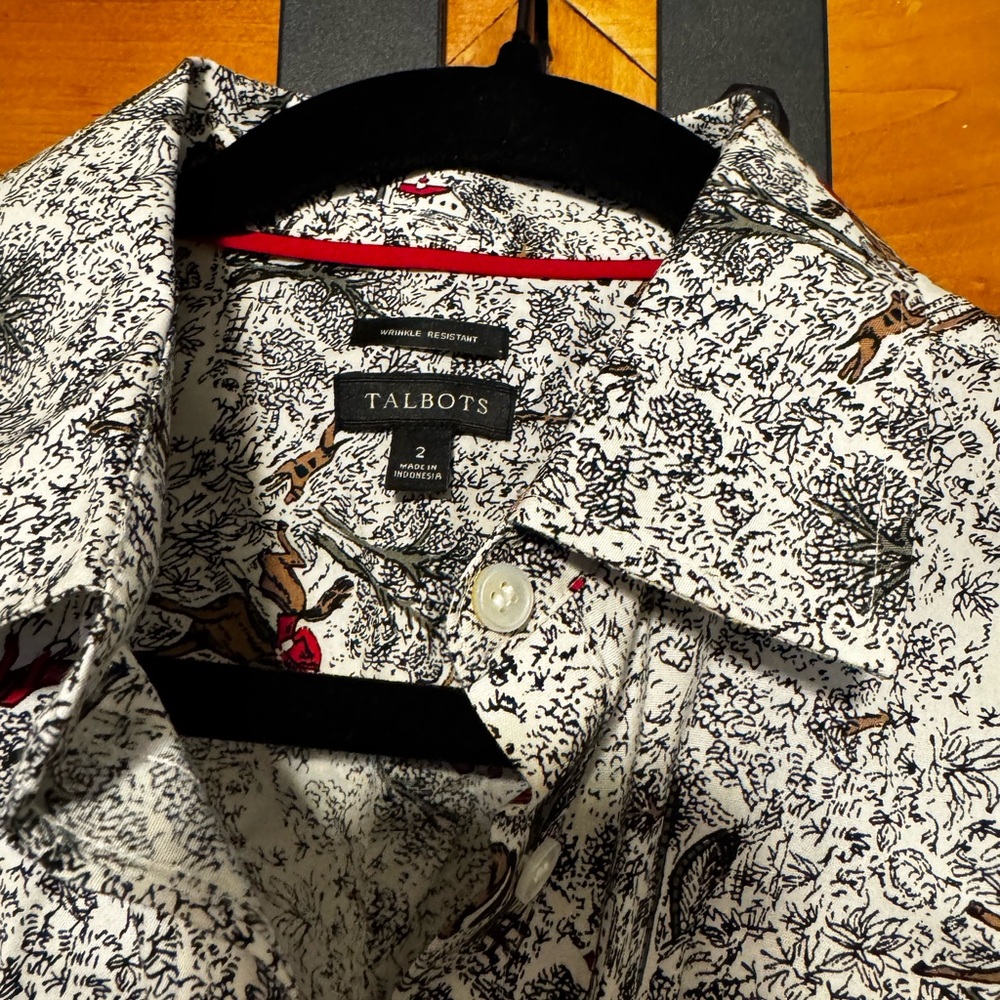Talbots Black and White “horse hunt” button down.